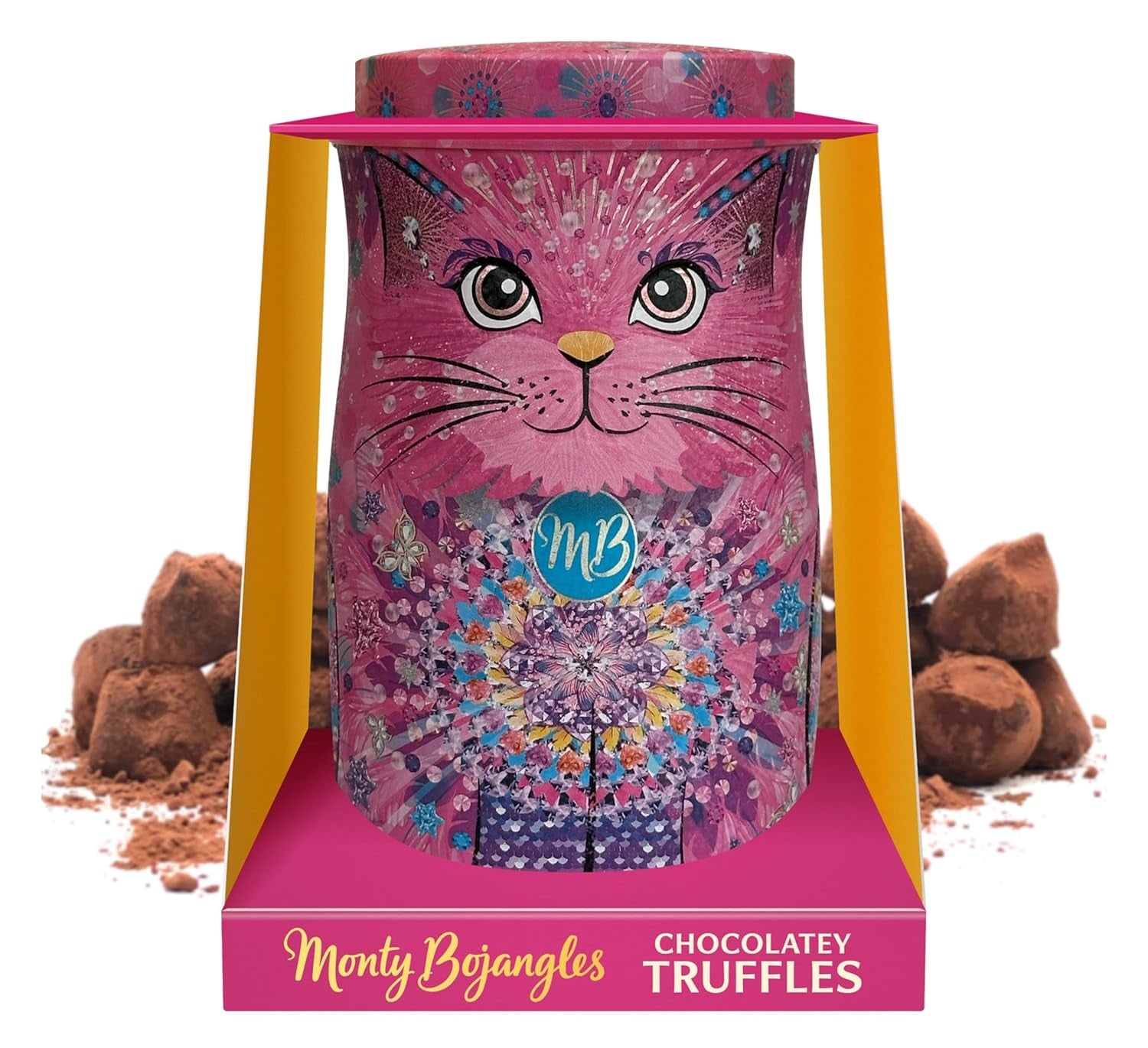 Monty Bojangles Savanna Gold Trufas de chocolate (135 g) Set de regalo de praliné de cacao en polvo en una caja de coleccionista individual con diseño de gato Flutter Scotch Flavor
