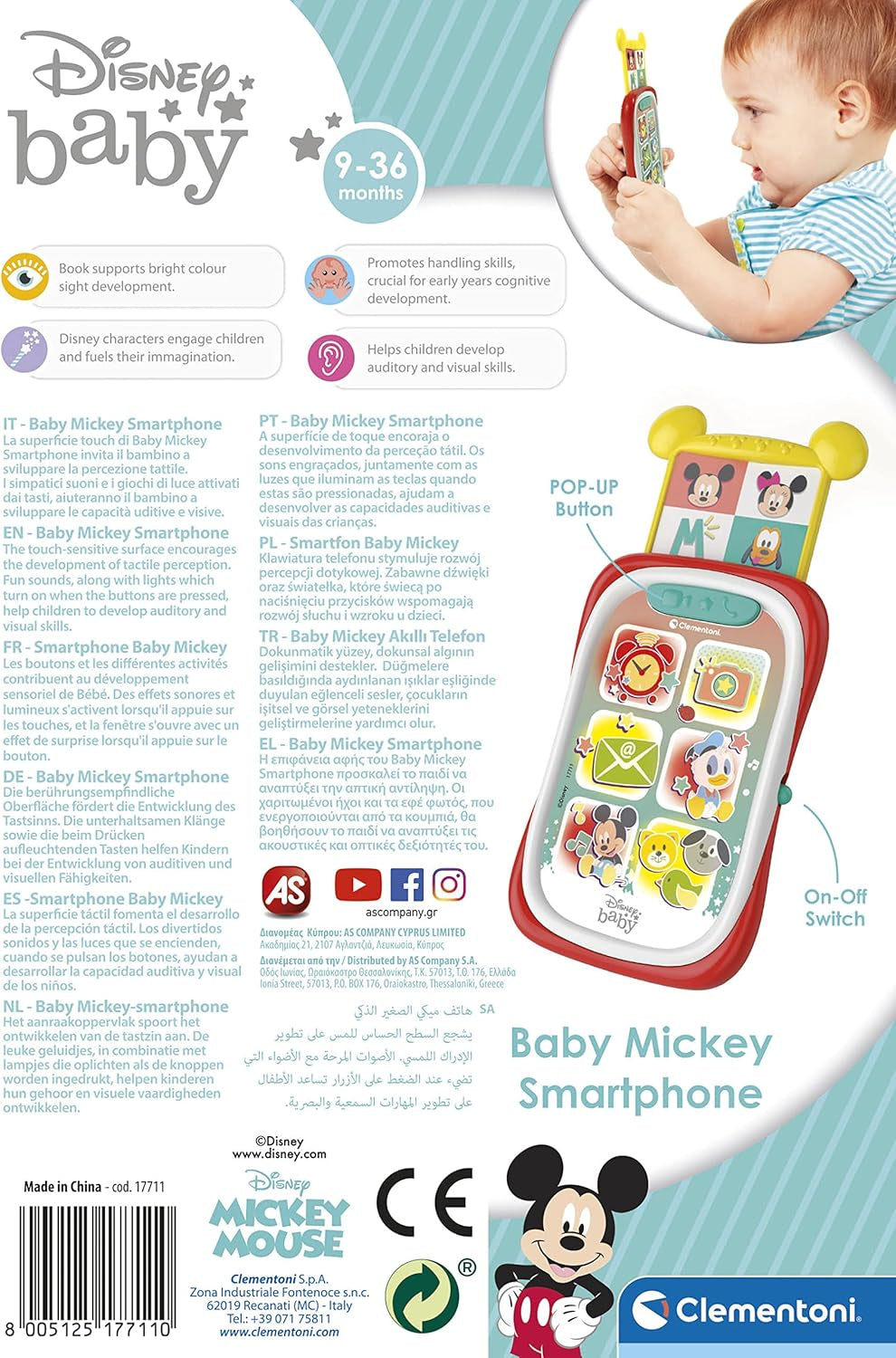 Clementoni 17711 Disney Baby Baby Mickey Smartphone, telefon mobil pentru copii cu efecte luminoase și sonore, jucărie interactivă pentru copii de 9-36 luni, M, Multicolor Jucarii Bebe Naty Shop