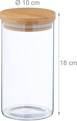 Borcane de depozitare Relaxdays cu capace din bambus, set de 3, borcane rotunde din sticlă, 1000 ml, etanșe, transparente/naturale, 18 x 10 cm Cutii depozitare alimente Naty Shop