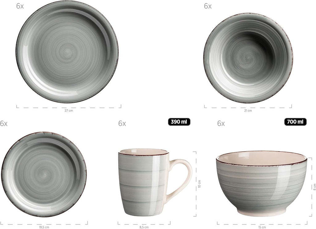 MÄSER 931612 Bel Tempo II 30-Teiliges Vintage Geschirr Set Für 6 Personen, Handbemaltes Keramik Kombiservice in Blau, Steingut, Rauchblau Seturi vesela masa Naty Shop