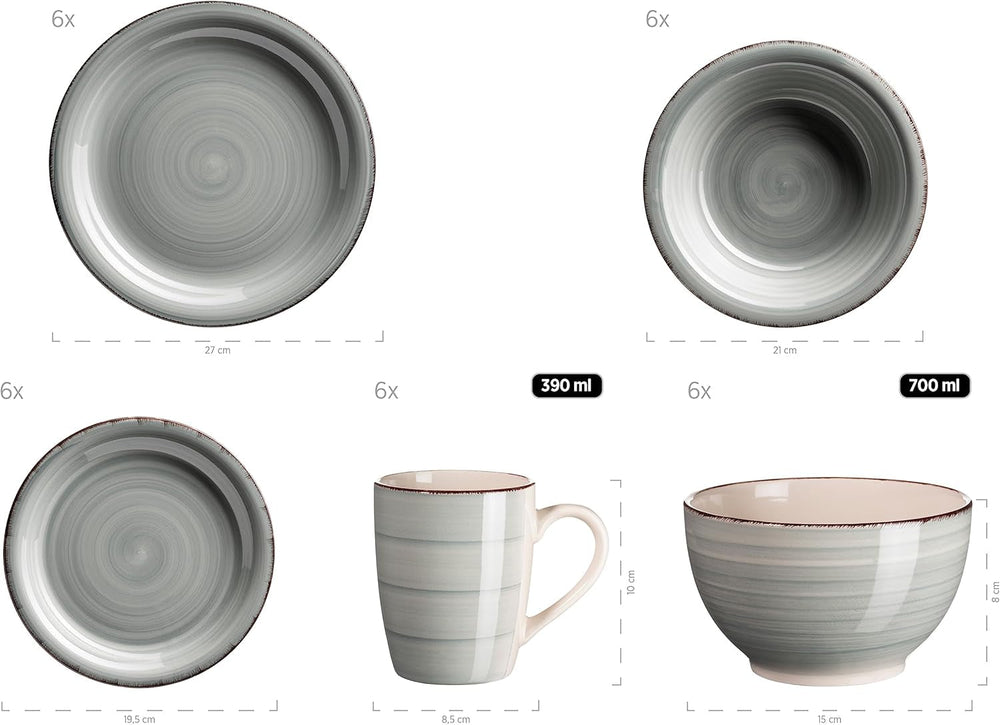 MÄSER 931612 Bel Tempo II set de veselă vintage pentru 6 persoane, 30 de piese, serviciu combinat din ceramică pictată manual în albastru, gresie, albastru fumuriu