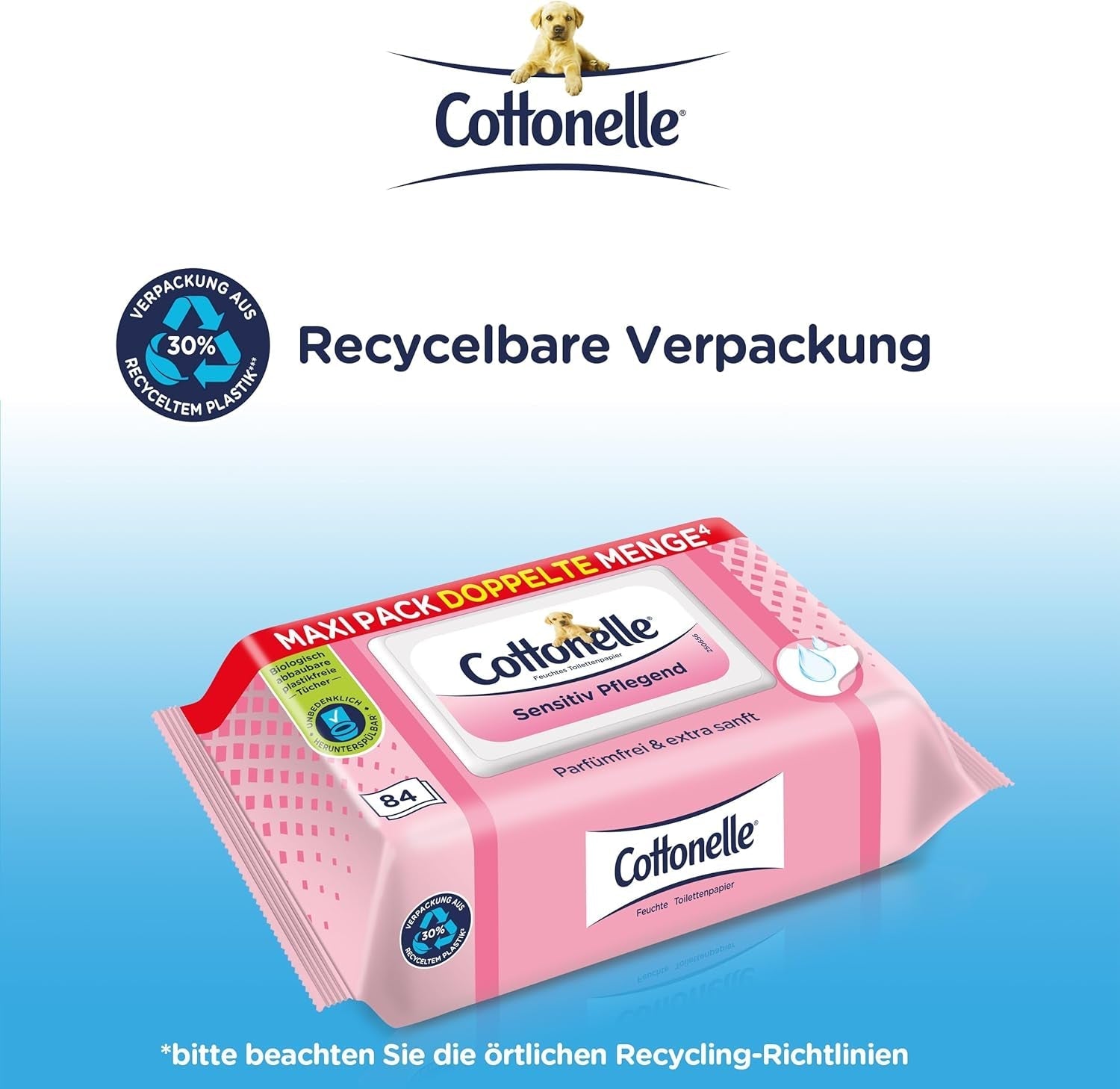 Hârtie igienică umedă, Sensitive Care - fără parfum, biodegradabilă, fără plastic, resigilabilă, 1 X 84 șervețele umede (pachet unic)