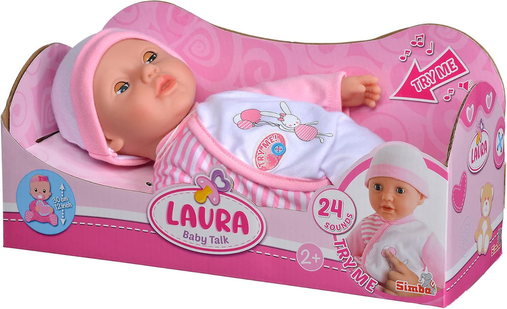 Simba 105140020 - My Love Baby Talk Muñeco de cuerpo blandito con ojos dormilones y lindo vestido Hace 24 sonidos de bebé Muñeco bebé de 30 cm a partir de 2 años Blanco Rosa Naty Shop Muñecas