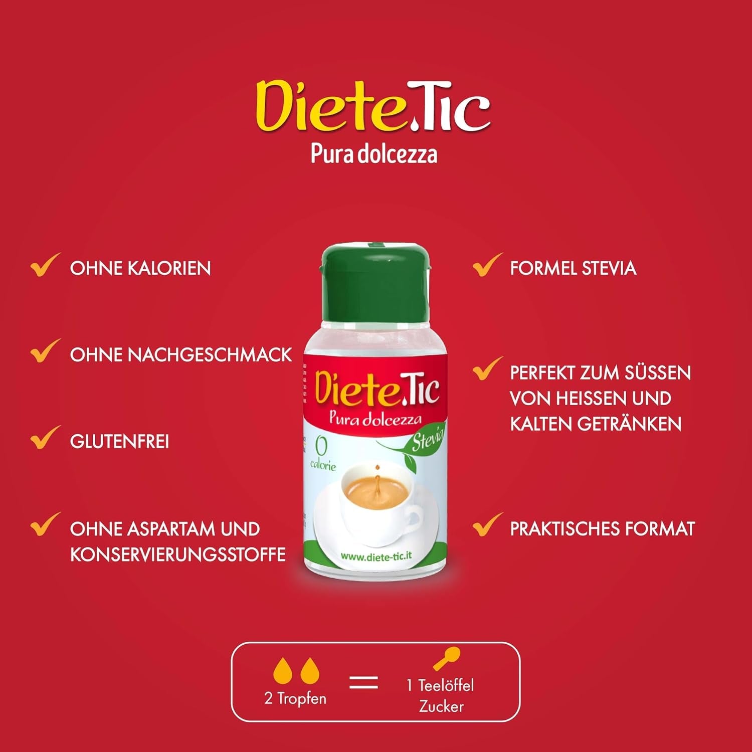 Diete.Tic Edulcorante líquido con Stevia, cero calorías, práctico paquete de 3 x 50 ml (1000 gotas), sin gluten, sin conservantes, ideal para endulzar bebidas, yogures y ensaladas de frutas