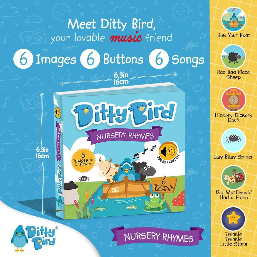 Ditty Bird Baby Nursery Rhymes - Jucărie pentru copii cu 6 butoane sonore pentru învățarea limbii engleze. Carte de cântece interactivă cu cântecele preferate. Perfectă pentru copiii bilingvi de la vârsta de 1 an. Jucarii Bebe Naty Shop