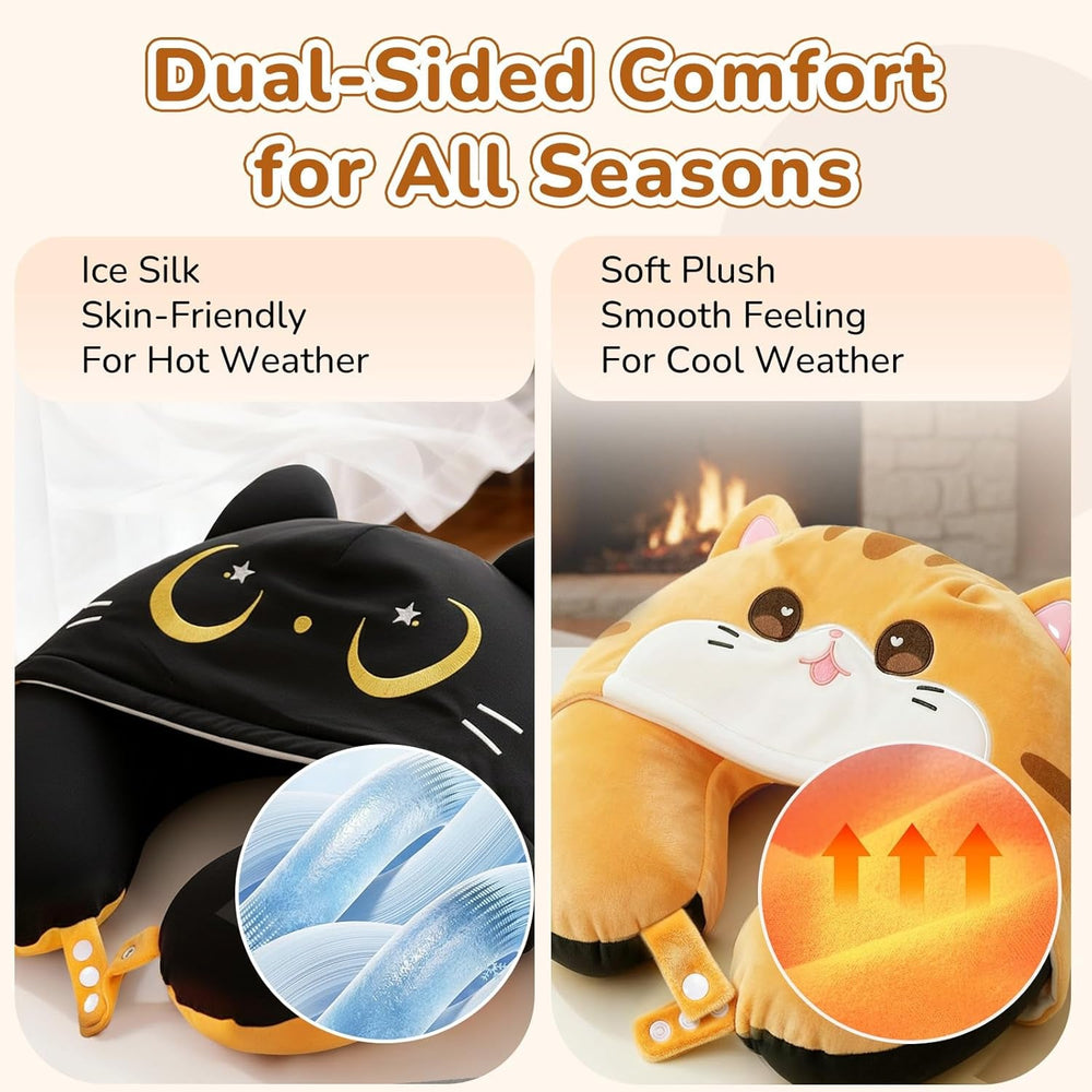 Pernă de călătorie Mewaii, pernă cu două fețe pentru adulți, pernă de gât din spumă cu memorie pentru avion, pernă de zbor reversibilă cu glugă pentru pisică, curea reglabilă