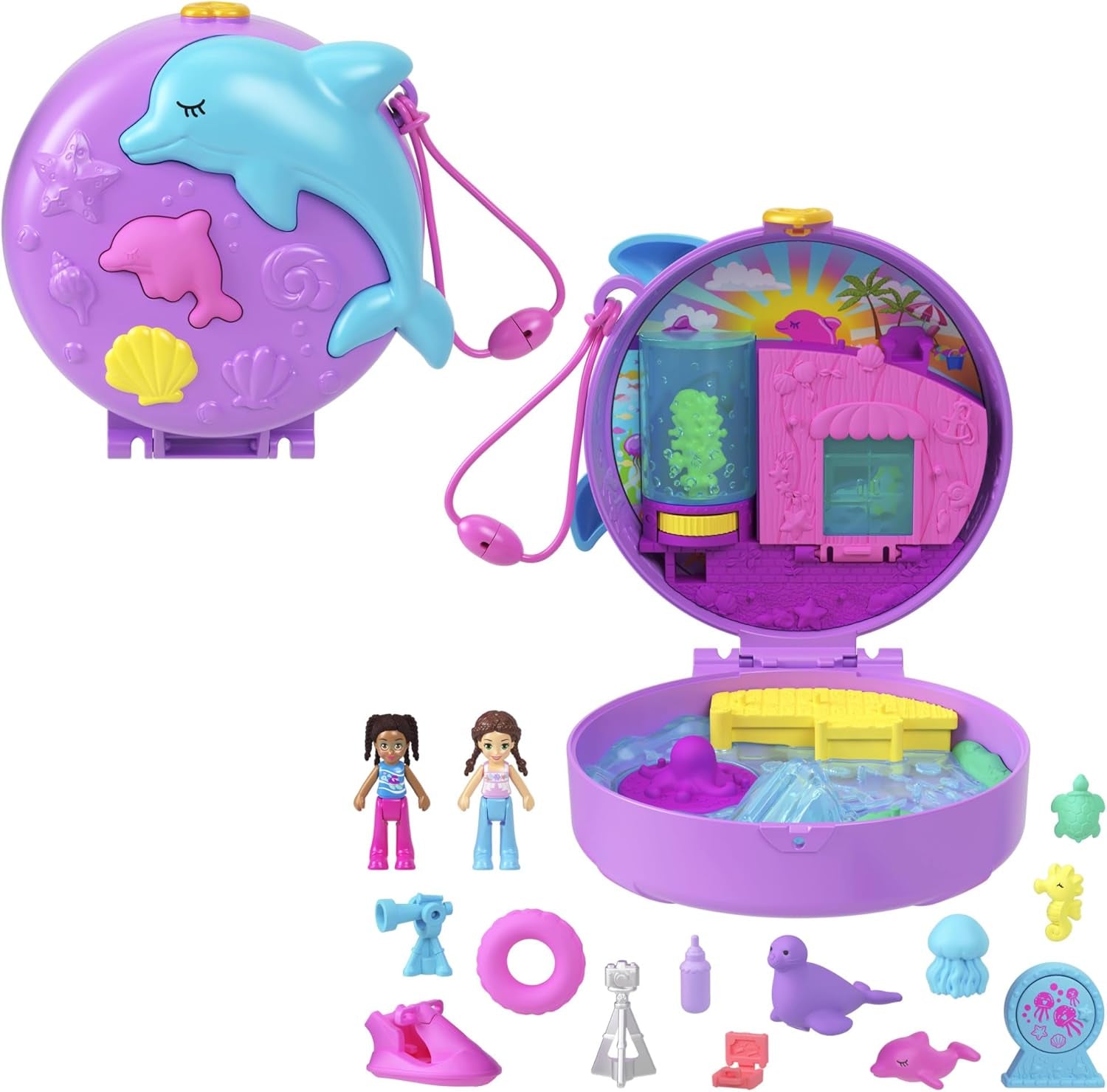 Polly Pocket păpuși și set de joacă, Bubble Tea Panda Box, jucărie pentru animale cu 2 păpuși mici, Panda și accesorii pentru mâncare, HWN95 Papusi Naty Shop Delfin