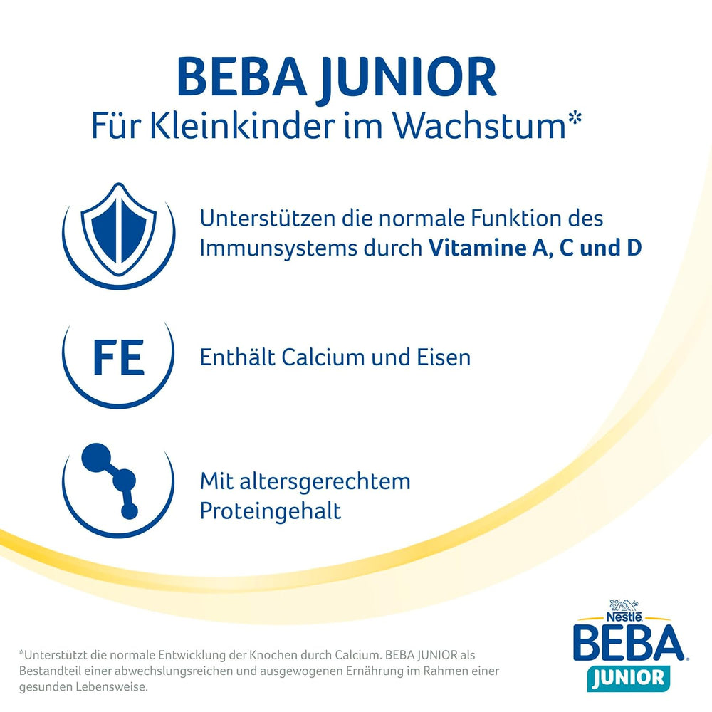 BEBA Junior 1+ bebida láctea a partir de 1 año, Con HMO, Contenido de proteínas apropiado para la edad, Solo lactosa, Sin aceite de palma, Sin aceite de pescado, Comida para niños pequeños, Leche en polvo para bebés, Paquete de 6 (6 x 800 g)