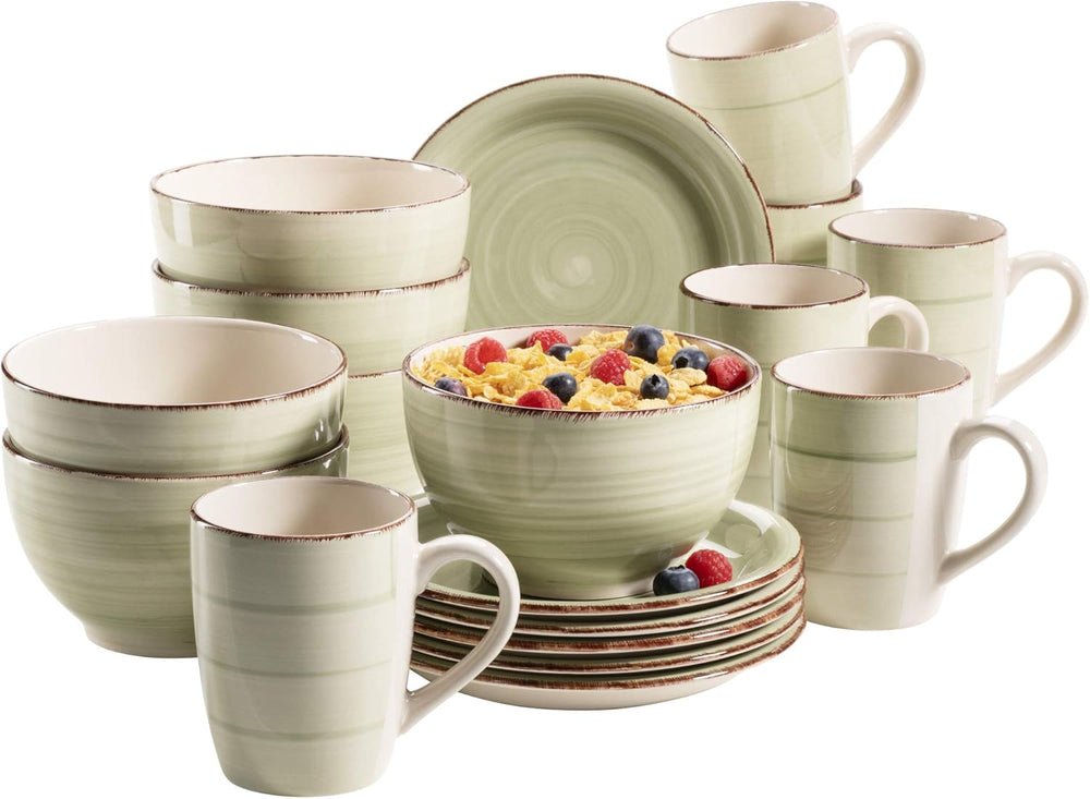 MÄSER 931490 Bel Tempo II Serviciu de mic dejun pentru 6 persoane în aspect vintage, ceramică pictată manual, set de veselă cu 18 piese, verde, gresie