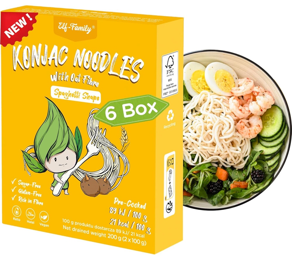Fideos Konjac Premium de Tailandia, veganos, sin gluten - 240 g x paquete de 6 (12 paquetes), fideos Shirataki de Elf-Family, fideos instantáneos, pasta/ceto/bajo en carbohidratos/bajo en calorías/sin azúcar - espaguetis y fettuccine