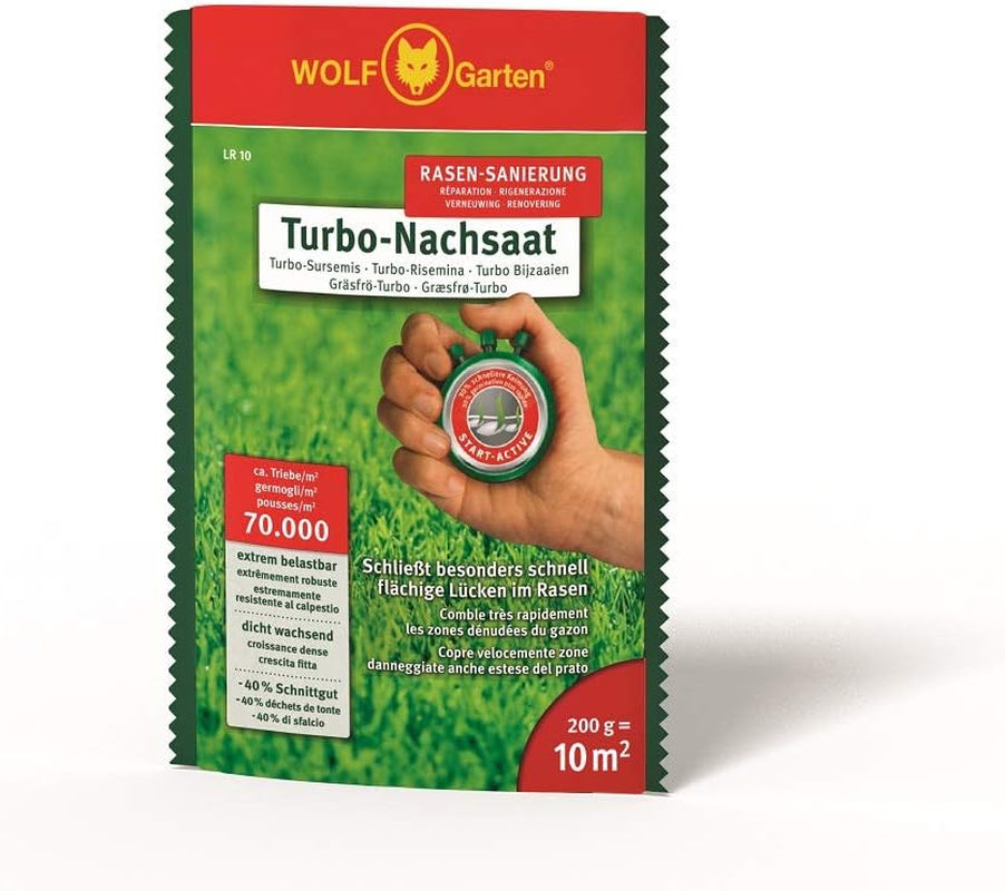 Wolf-Garten Turbo-Nachsaat Zur Rasensanierung LR50 (Für 50 M2, Hohe Dichte Mit Ca. 70.000 Trieben/M2, Für Alle Rasentypen Geeignet, Mit Wolf-Garten Keimgarantie, Im 1Kg Karton) 3826031