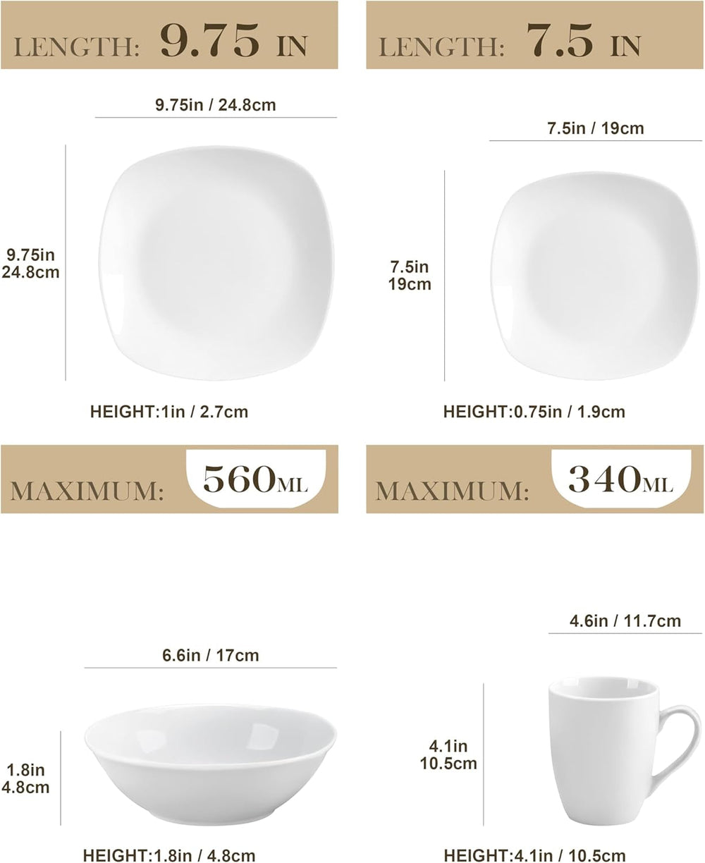 Set de veselă MALACASA pentru 4 persoane, serviciu de masă cu 16 piese din porțelan alb, set de veselă modern cu 4 farfurii de cină, farfurii de desert, farfurii de sumă și cești, seria ELISA