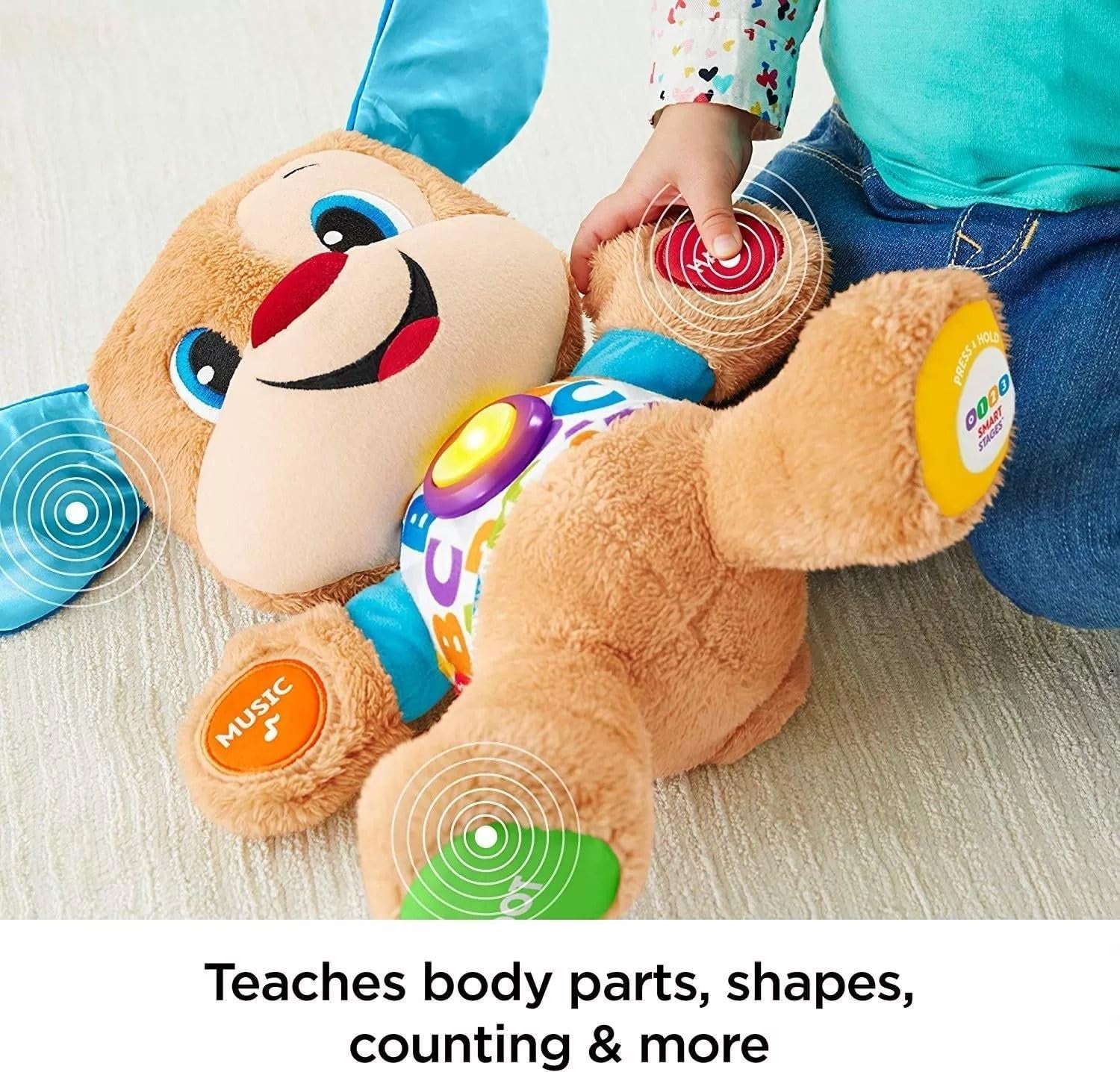 Câine distractiv de învățare Fisher-Price cu trei niveluri | jucărie de pluș vorbitoare cu muzică ca jucărie pentru copii și jucărie pentru bebeluși | ursuleț de pluș interactiv, versiune: UK-English , FPM43 Jucarii Bebe Naty Shop