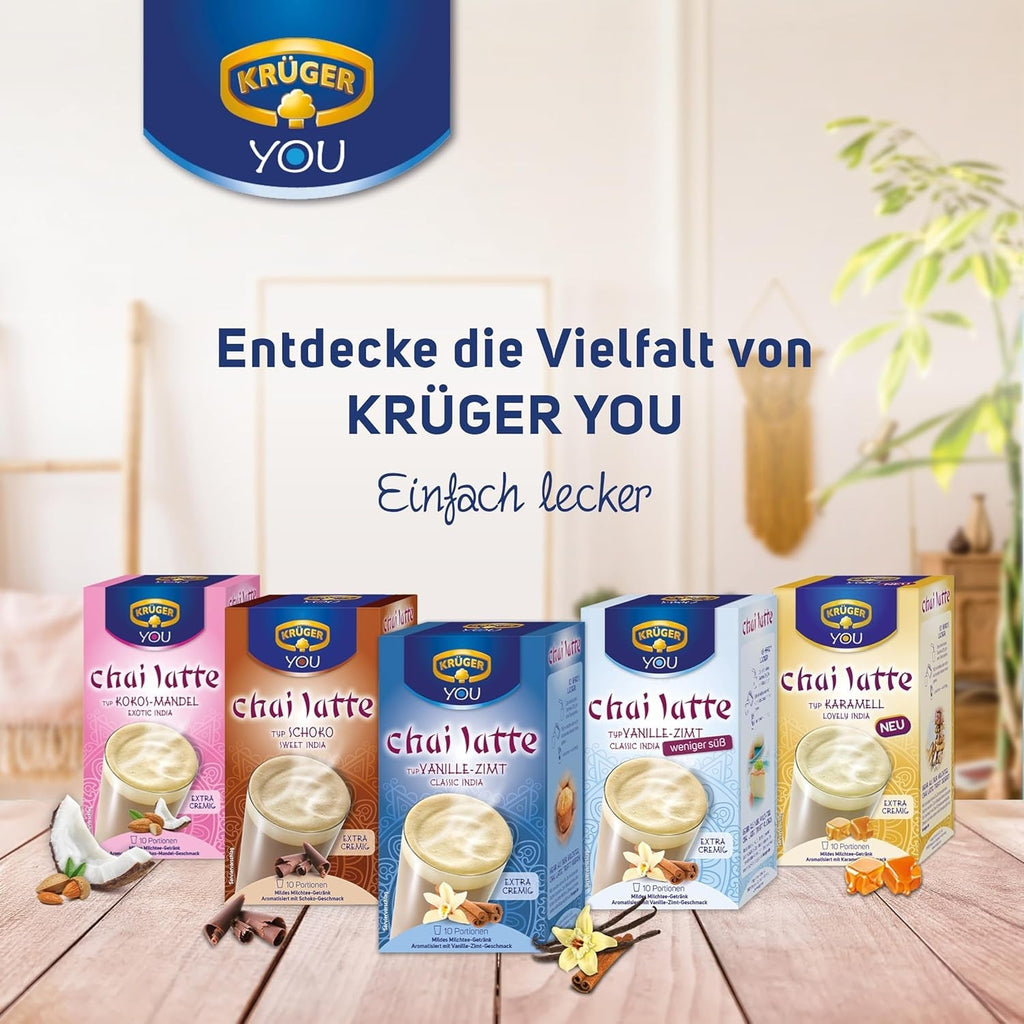 KRÜGER YOU Chai Latte Vanilie-Scorțișoară, preparat instant pentru băuturi cu lapte, aromatizat cu vanilie și scorțișoară, 250 g (10 pliculețe de 25 g)