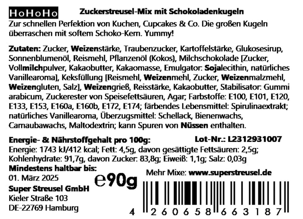 Super Streusel Hohoho, chispas navideñas, 90 gramos Sprinkles Naty Shop