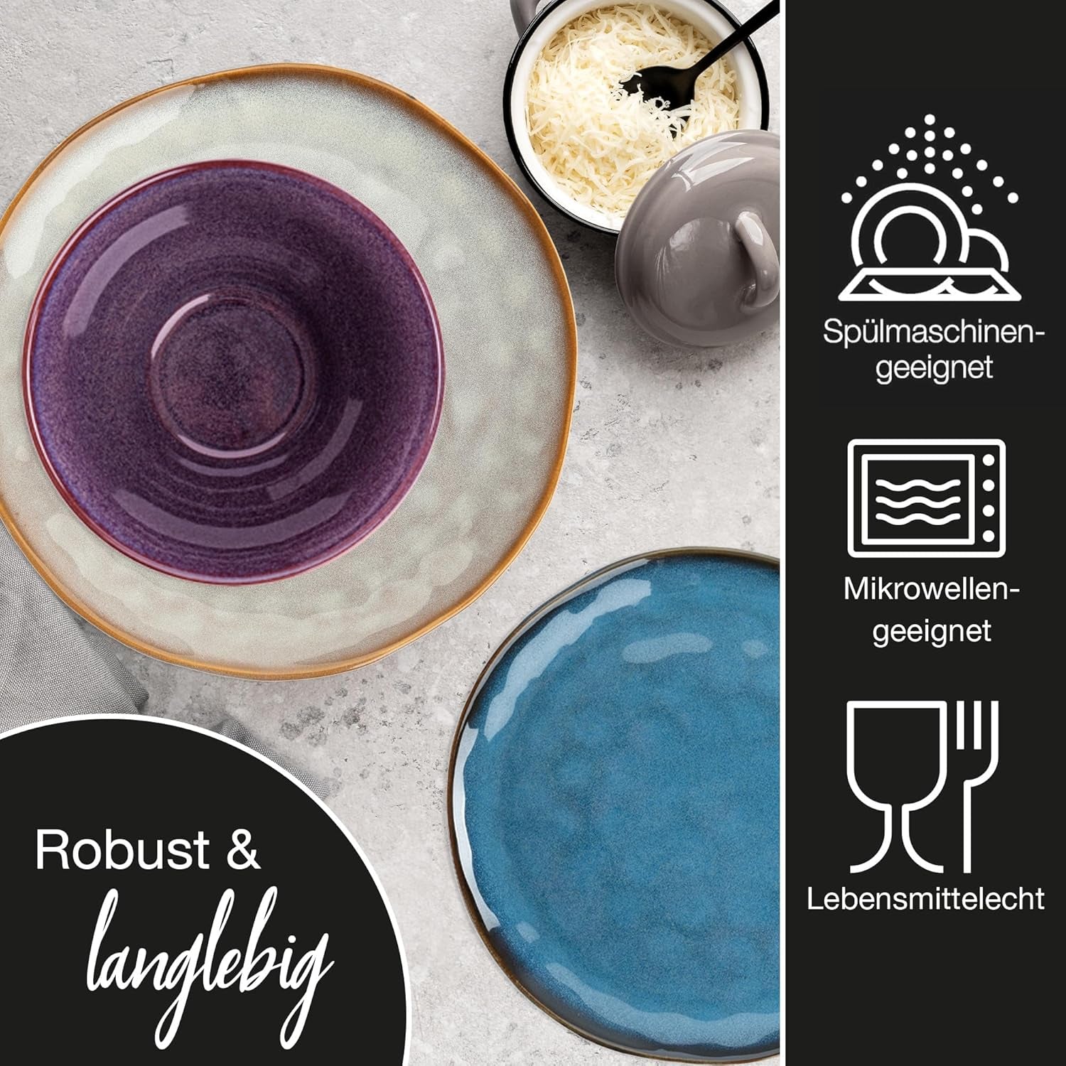 Moritz & Moritz COPA 16-tlg Geschirrset 4 Personen - Elegantes Teller Set aus hochwertigem Steinzeug - Geschirr Set 4 Personen aus je 4x Dinnerteller, Dessertteller, Müslischale & Kaffeebecher