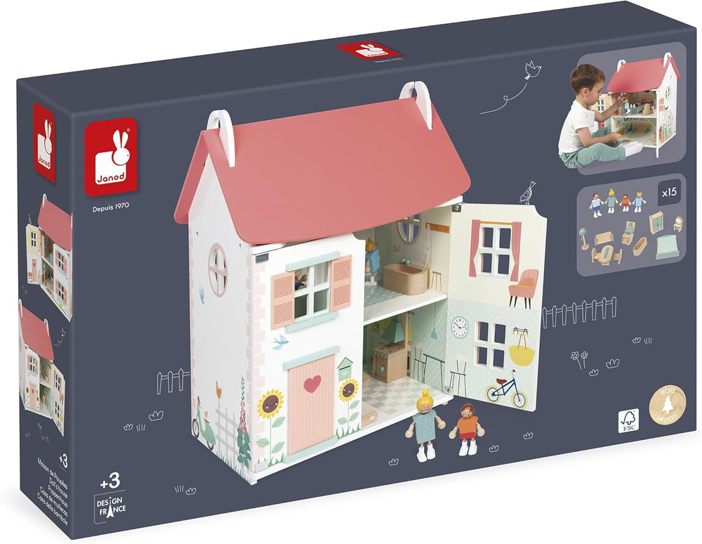 Janod – Prima mea casă de păpuși din lemn – 10 accesorii – Mobilier pentru păpuși – Uși magnetice și acoperiș detașabil – Jucărie din lemn certificat FSC – Vârste 3+