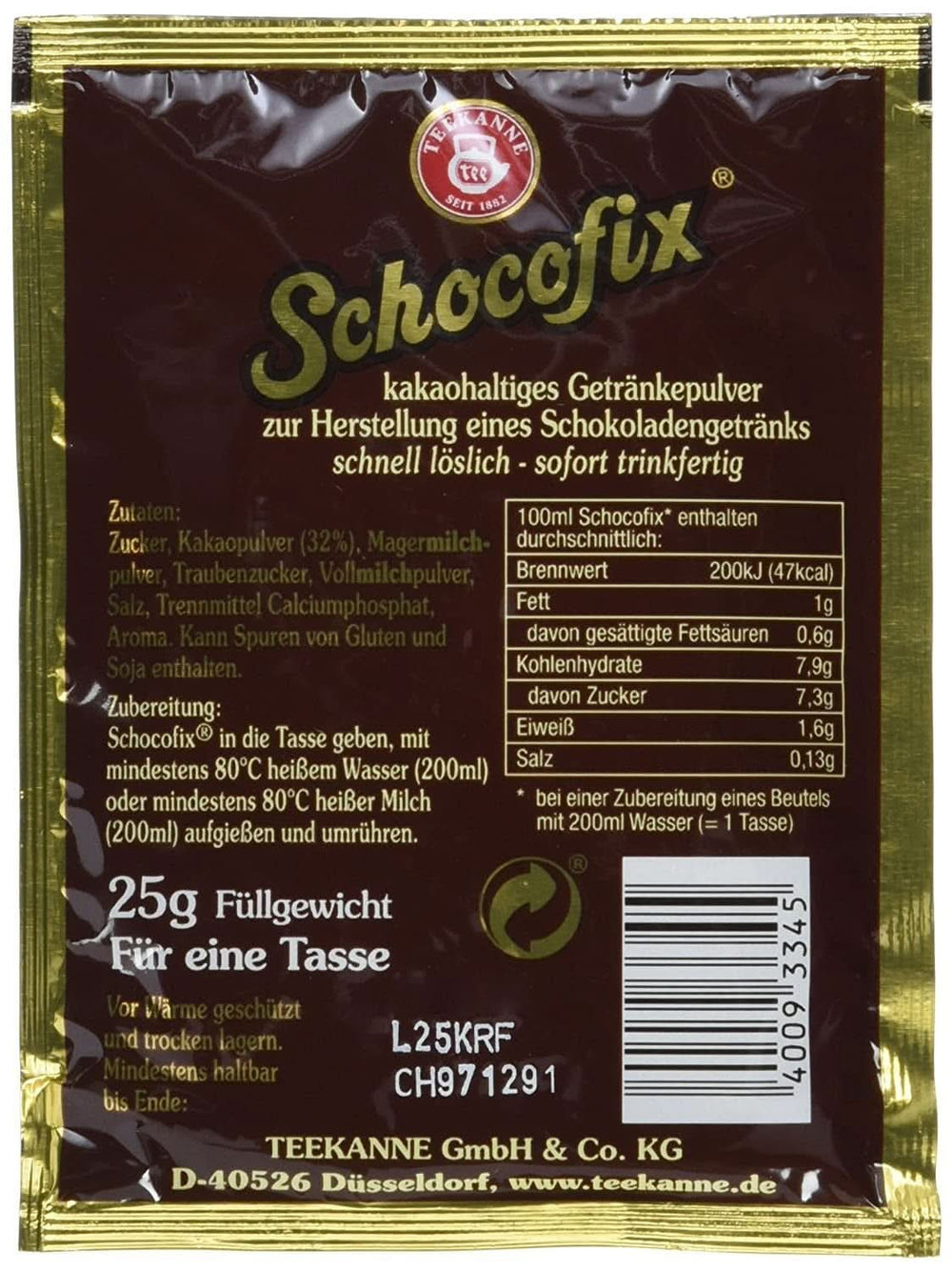 Teekanne Chocolate para beber Schocofix, paquete de 50 x 25 gramos Cacao y Chocolate Caliente Naty Shop