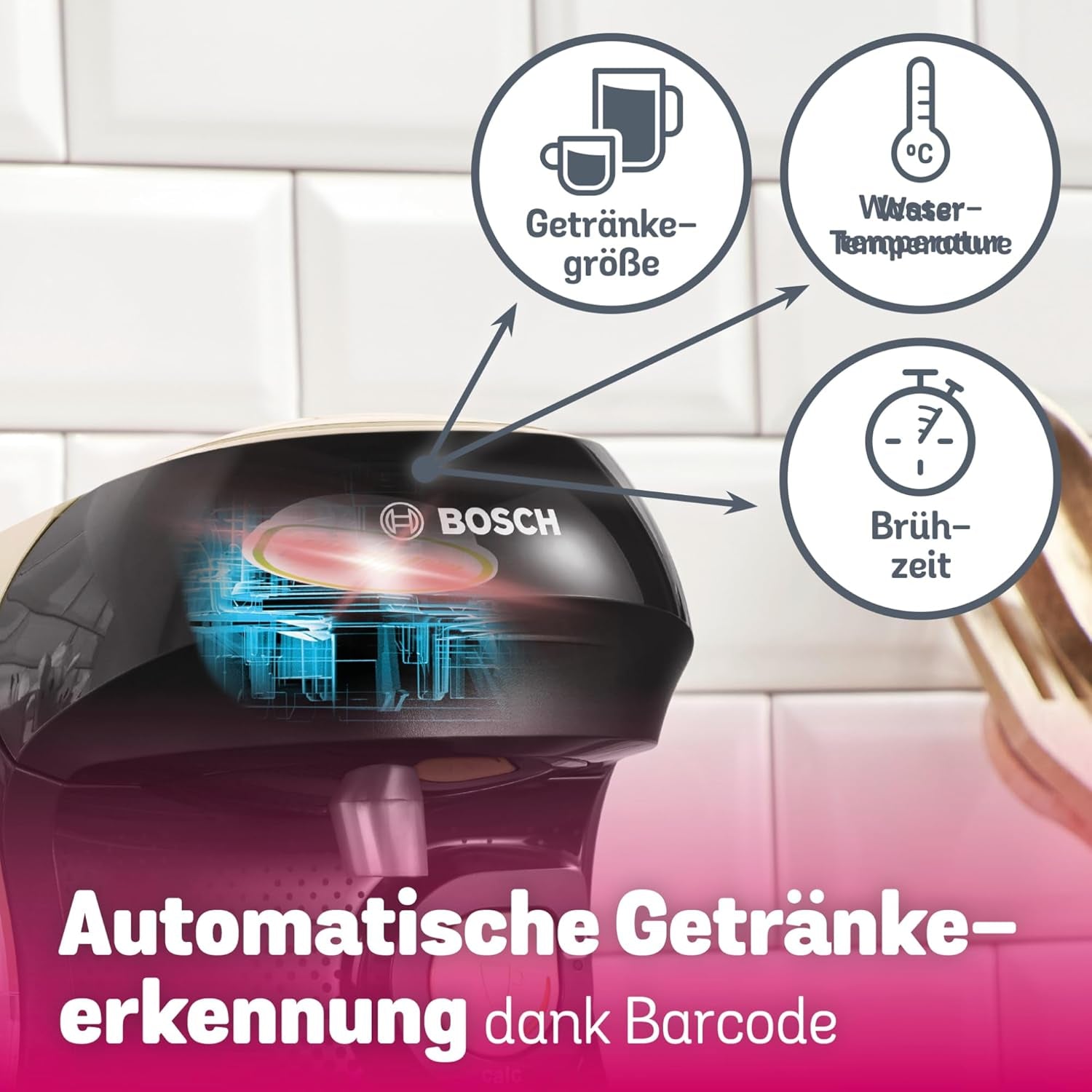Espressor cu capsule Bosch Tassimo Happy Friendly TAS107E, peste 70 de băuturi, potrivit pentru toate tipurile de cești, oprire automată, sustenabil, dozare perfectă, economie de spațiu, 1400 W, crem/negru