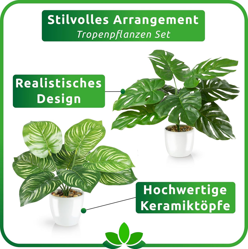 PASCH® 4Er Set Tropische Kunstpflanzen Wie Echt (35Cm) in Weißen Keramiktöpfen: U.A. Monstera Künstlich & Areca Kunstpalme | Künstliche Pflanzen Im Topf | Fake Plant | Kunstblumen Im Topf