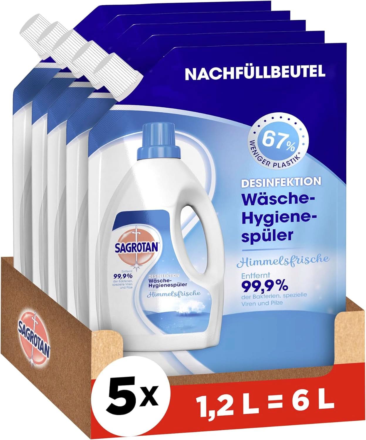 Sagrotan Detergente para la higiene de la ropa Sky Fresh Refill - efecto desinfectante, para una ropa higiénicamente limpia y fresca Detergentes para la ropa Naty Shop Set 5 x 1,2 litros