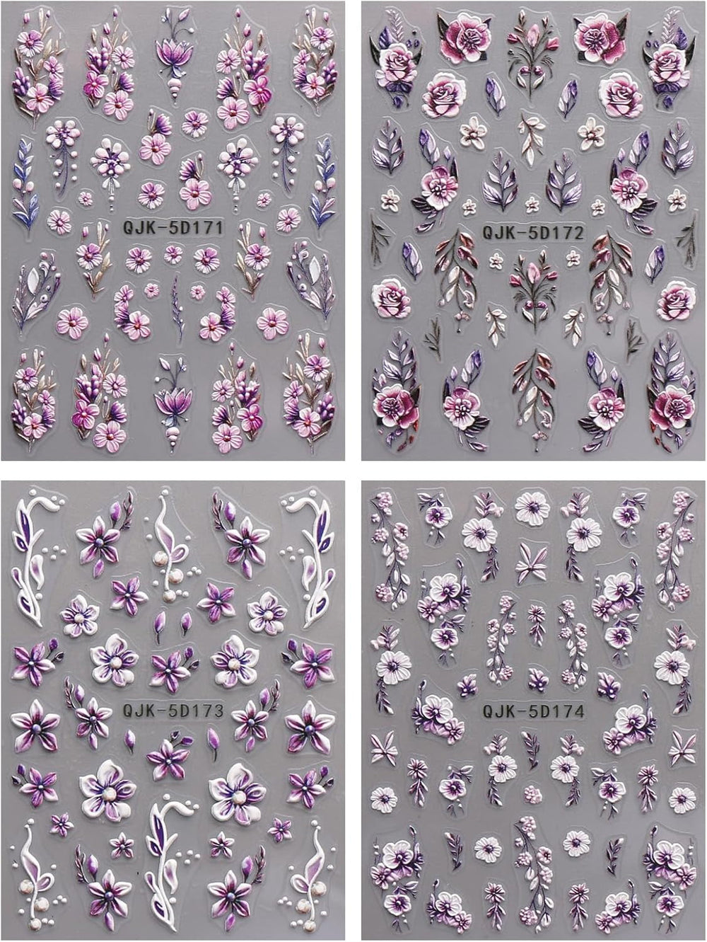JMEOWIO 3D Nagelsticker Blumen Nail Art Sticker Selbstklebend Nagelaufkleber 5D Stereoskopisch Frühling Sommer Dekoration Nageldesign Zubehör 4 Blatt