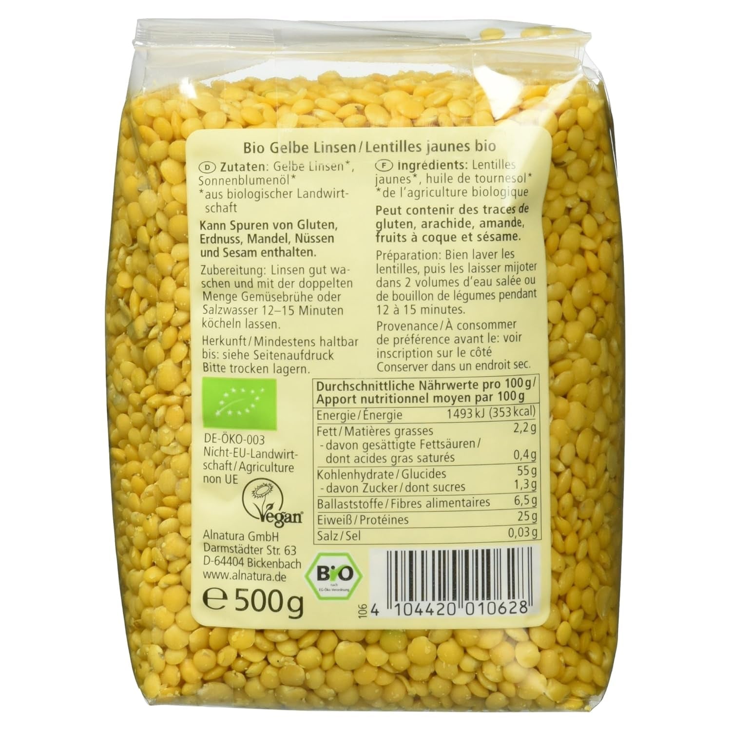 Lentejas amarillas ecológicas, 500g
