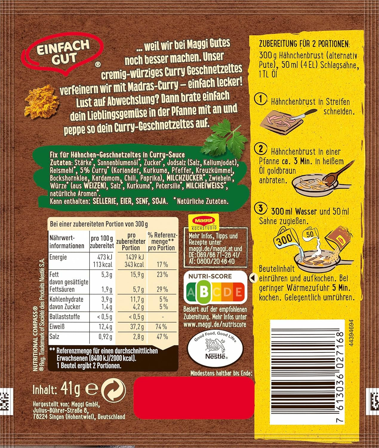 MAGGI Fix para curry Geschnetzeltes, Würzmischung, con ingredientes naturales*, para 2 porciones, 1 paquete (1 x 41 g)