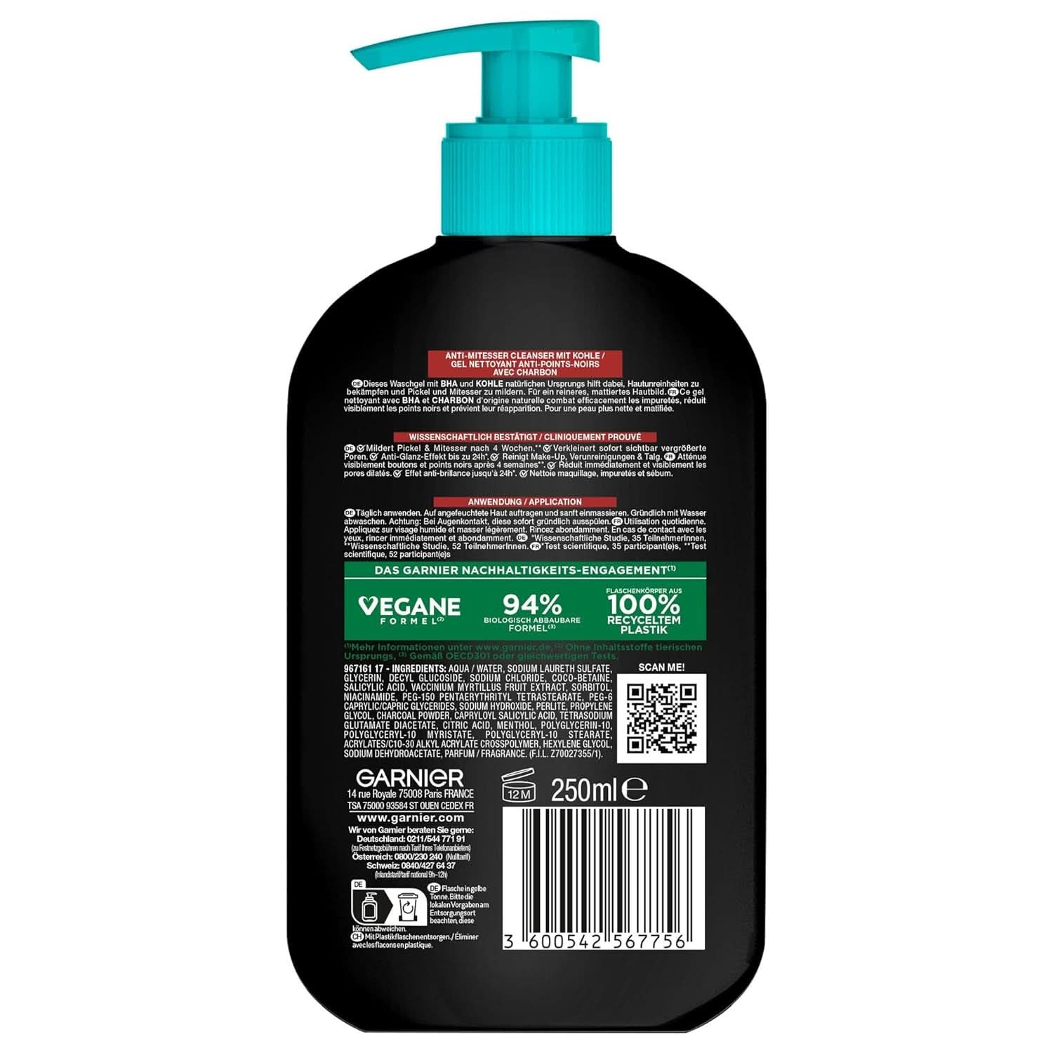 Garnier Charcoal Cleanser Gel Limpiador Facial Contra Puntos Negros y Espinillas 250ml Ducha y Baño Naty Shop