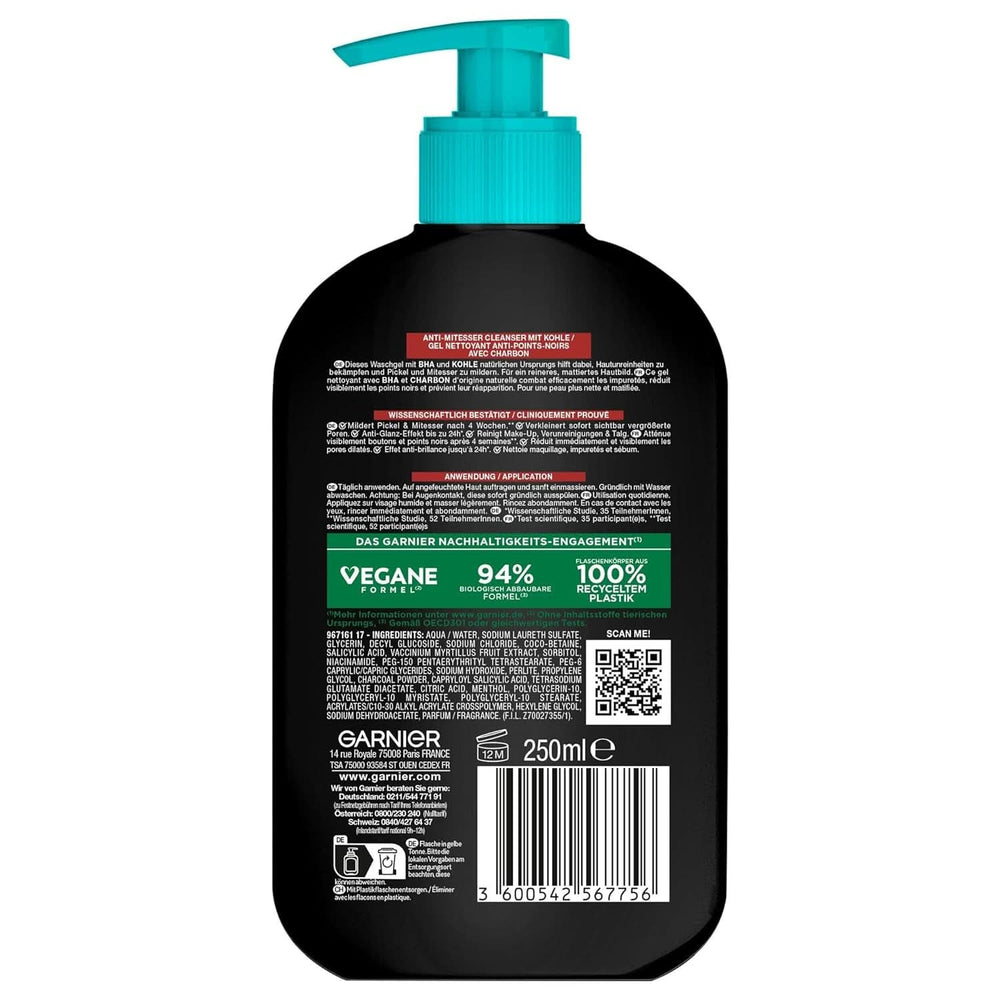 Garnier Charcoal Cleanser Gel Limpiador Facial Contra Puntos Negros y Espinillas 250ml Ducha y Baño Naty Shop
