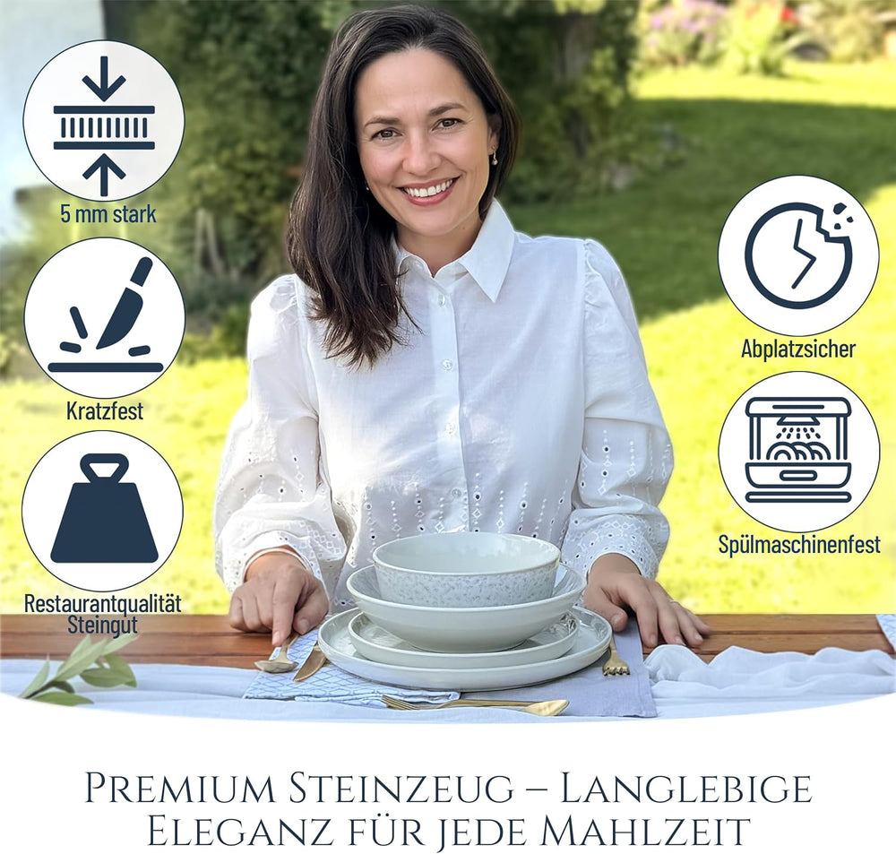 Set de veselă din gresie ceramică, format din 48 de piese, pentru 12 persoane, design Ibiza, CÂȘTIGĂTOR AL TESTULUI. Un set de veselă mediteranean superb, din gresie ceramică, inclusiv boluri și farfurii. Set de veselă Pure Living, bej.