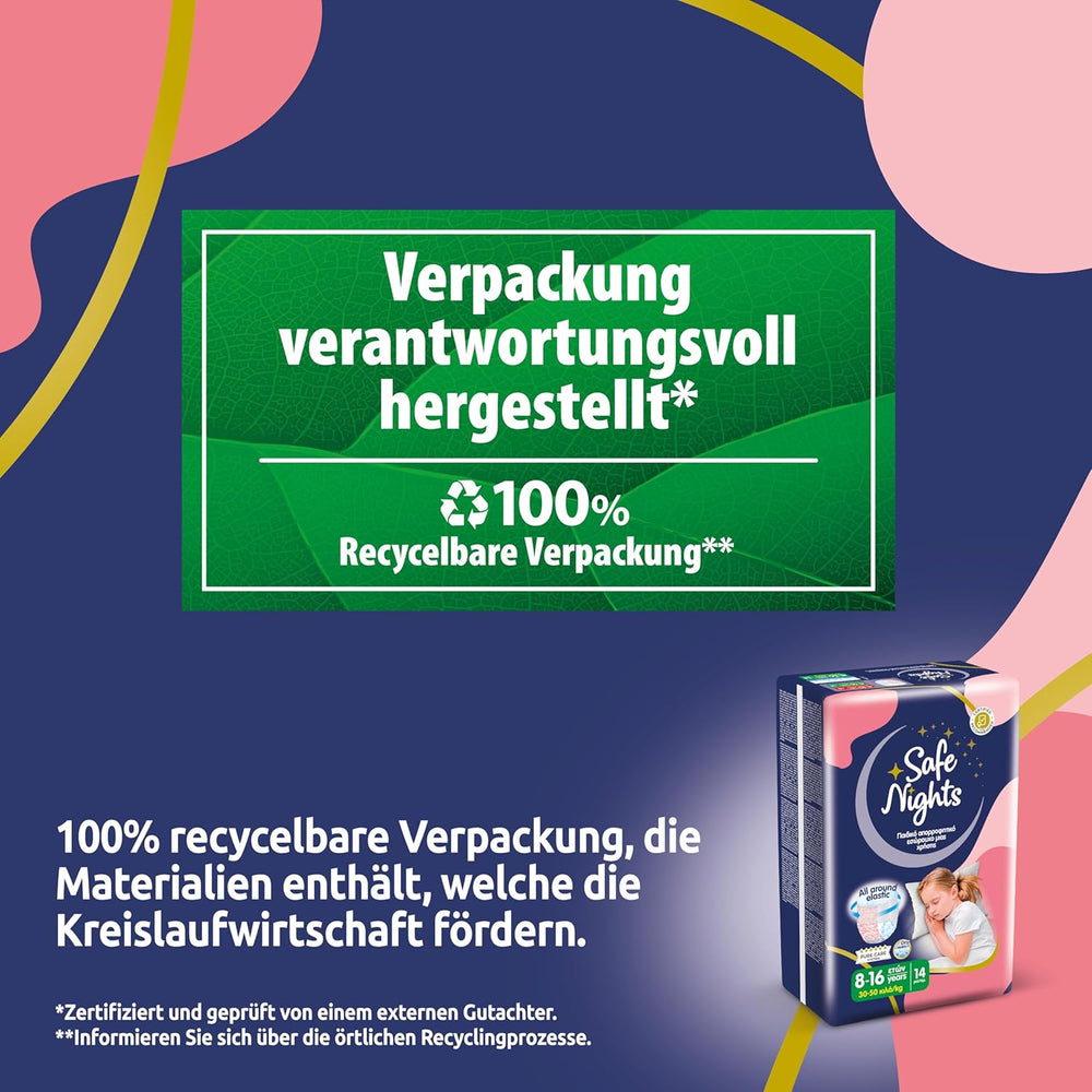 Safe Nights Girl, Ropa de dormir absorbente para niñas de 8 a 16 años (30 a 50 kg), paquete de 14