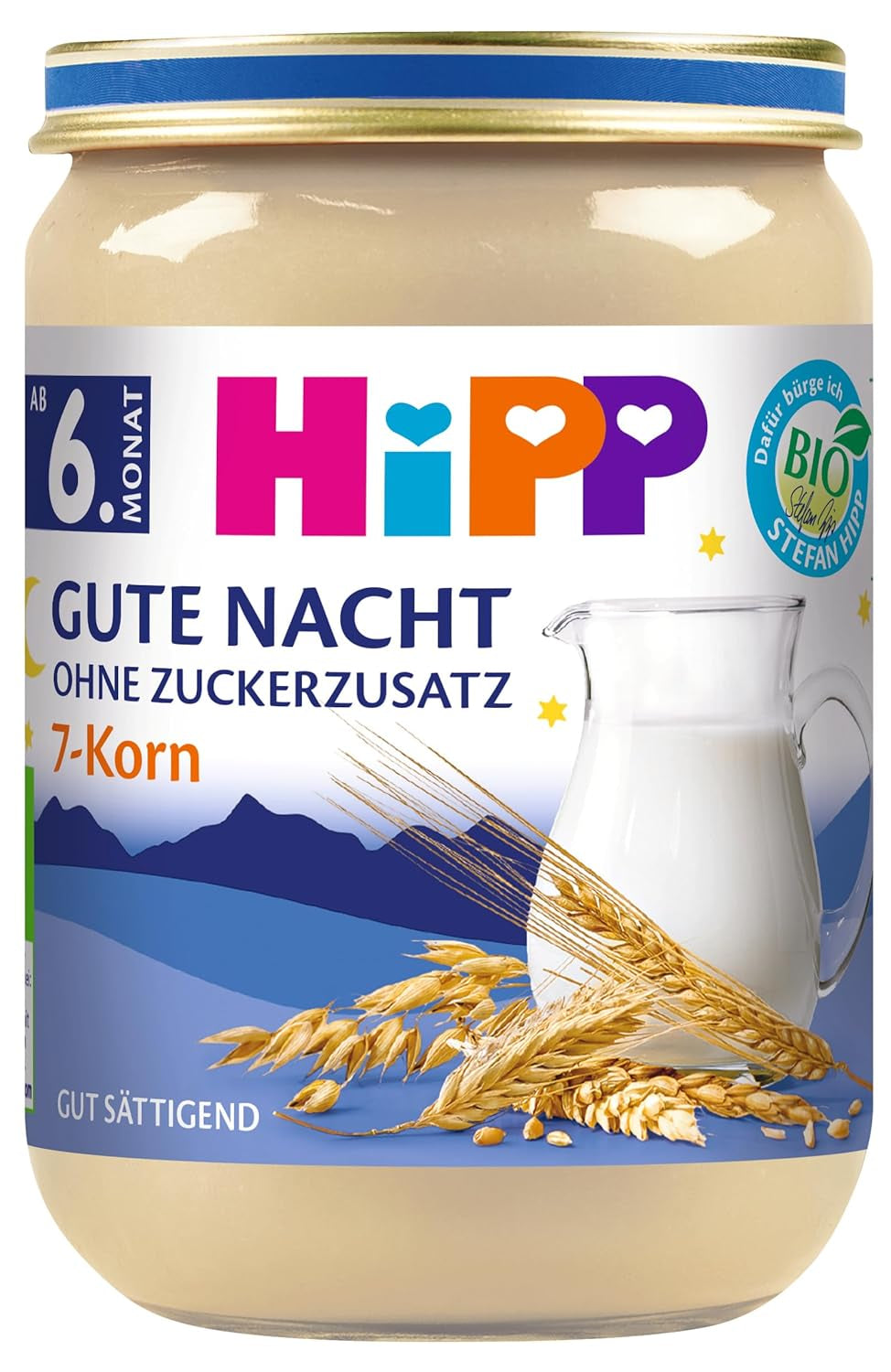 HiPP Organic Good Night con 7 cereales (6 x 190 g), papilla para bebés a partir de 6 meses, sin azúcares añadidos, muy saciante, la mejor calidad biológica