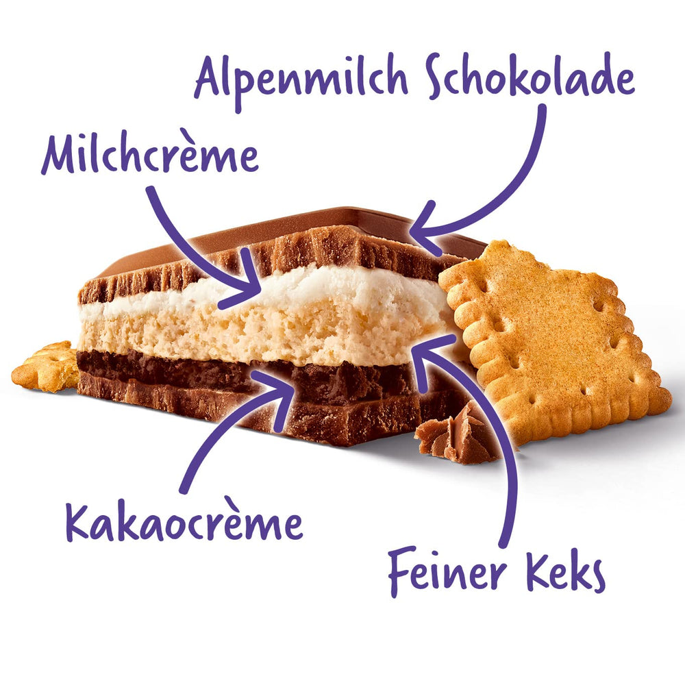 Chocolate y Galletas Milka Mmax – Chocolate con leche alpino con relleno de crema de leche y trozos de galleta crujientes – 300g