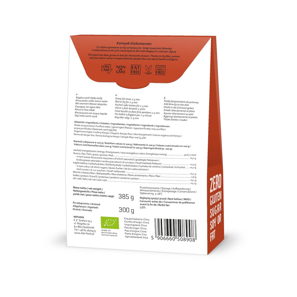 Fettuccine Konjac Noodles Bio Shirataki Diet-Food - 300g, bajo en carbohidratos, sin azúcar, ceto, vegano, bajo en calorías, sin gluten y sin huevo, elaborado con harina de Konjac