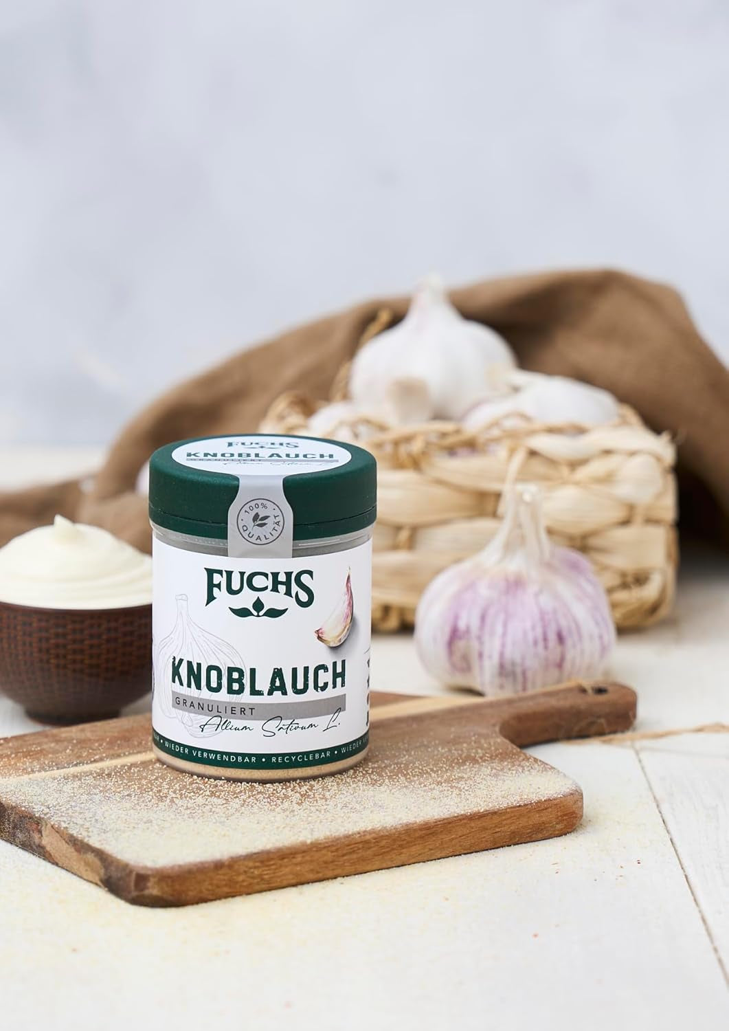 Fuchs Gewürze - Ajo granulado - würzig-zwiebliger Geschmack für Tzatziki, Knoblauchbutter oder Gemüsegerichte - ingredientes naturales - 85 g en wiederverwendbarer, recyclebarer Dosis