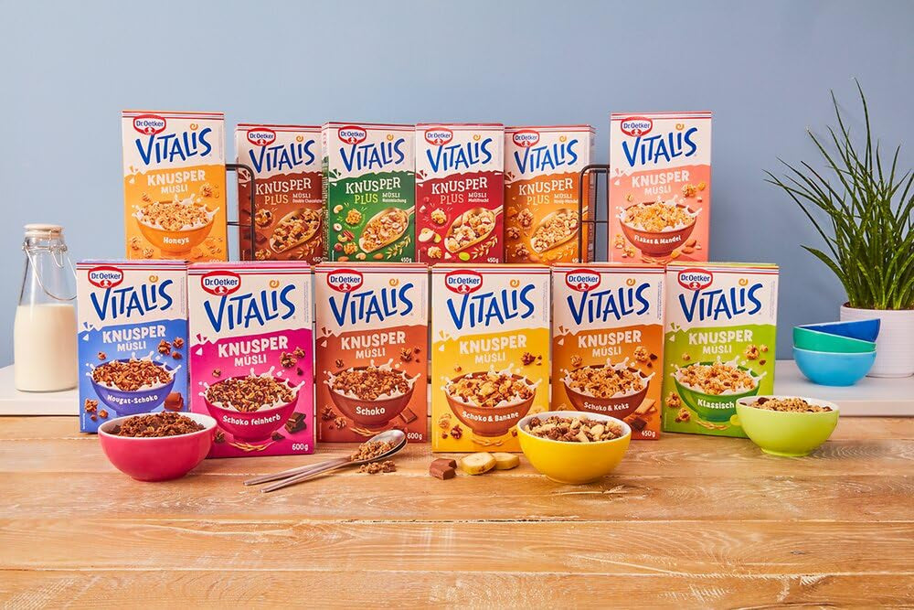 Dr. Oetker Vitalis Crunchy Flakes: muesli crujiente con copos de maíz y trozos de almendra, paquete de 5 (5 x 600 g)