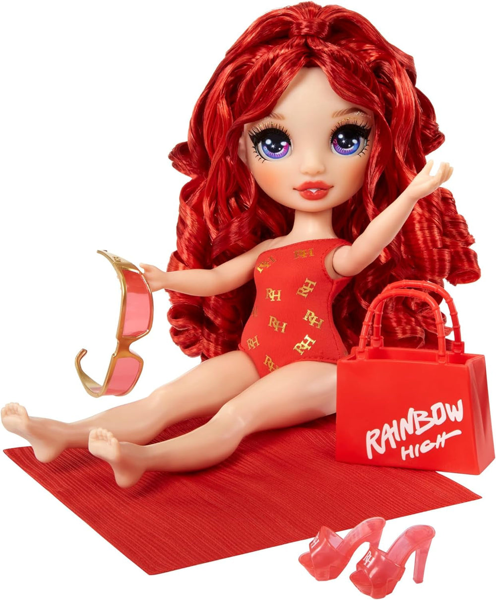 Rainbow High Swim & Style - Ruby (rojo) - Muñeca de 28 cm de altura con pareo brillante, se puede usar de más de 10 maneras - bañador extensible, sandalias, accesorios de juego - juguete - ideal de 4 a 12 años Naty Shop Dolls