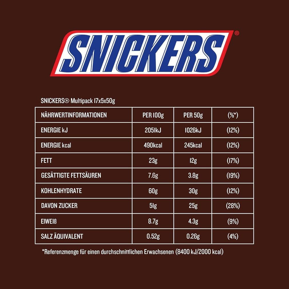 Snickers Chocolate Bar Cacahuete Caramelo Paquete de 5 barras | Merienda de fútbol | (1x5x50g)