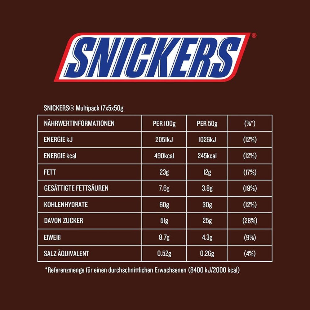 Snickers Chocolate Bar Cacahuete Caramelo Paquete de 5 barras | Merienda de fútbol | (1x5x50g)