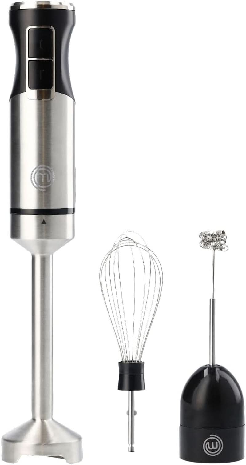 Masterchef Stabmixer, Pürierstab Mit Spritzschutz, Zauberstab Küchengerät, Elektrische Mixstab Hand Blender Mit 2 Speeds, Eintauchfunktion, Spülmaschinenfeste Komponenten, 200W, Schwarz Kitchen Naty Shop 3 en 1 (Edelstahl)