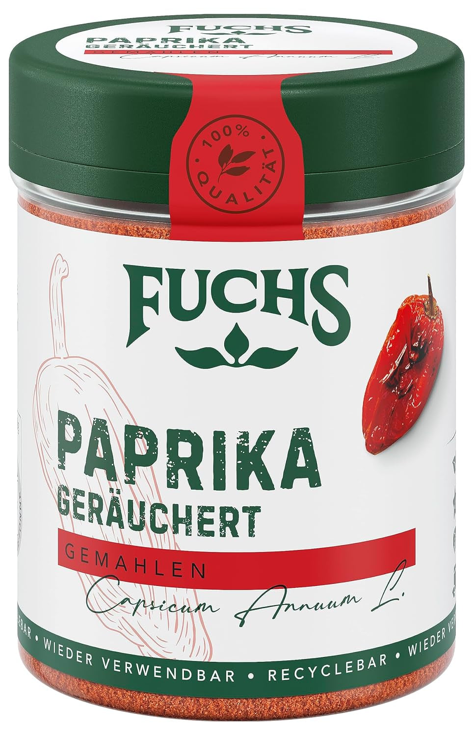 Fuchs Gewürze - Paprika geräuchert gemahlen - rauchiger Gesmack für BBQ, Gulasch oder Tofu - ingredientes naturales - 60 g en wiederverwendbarer, recyclebarer Dosis