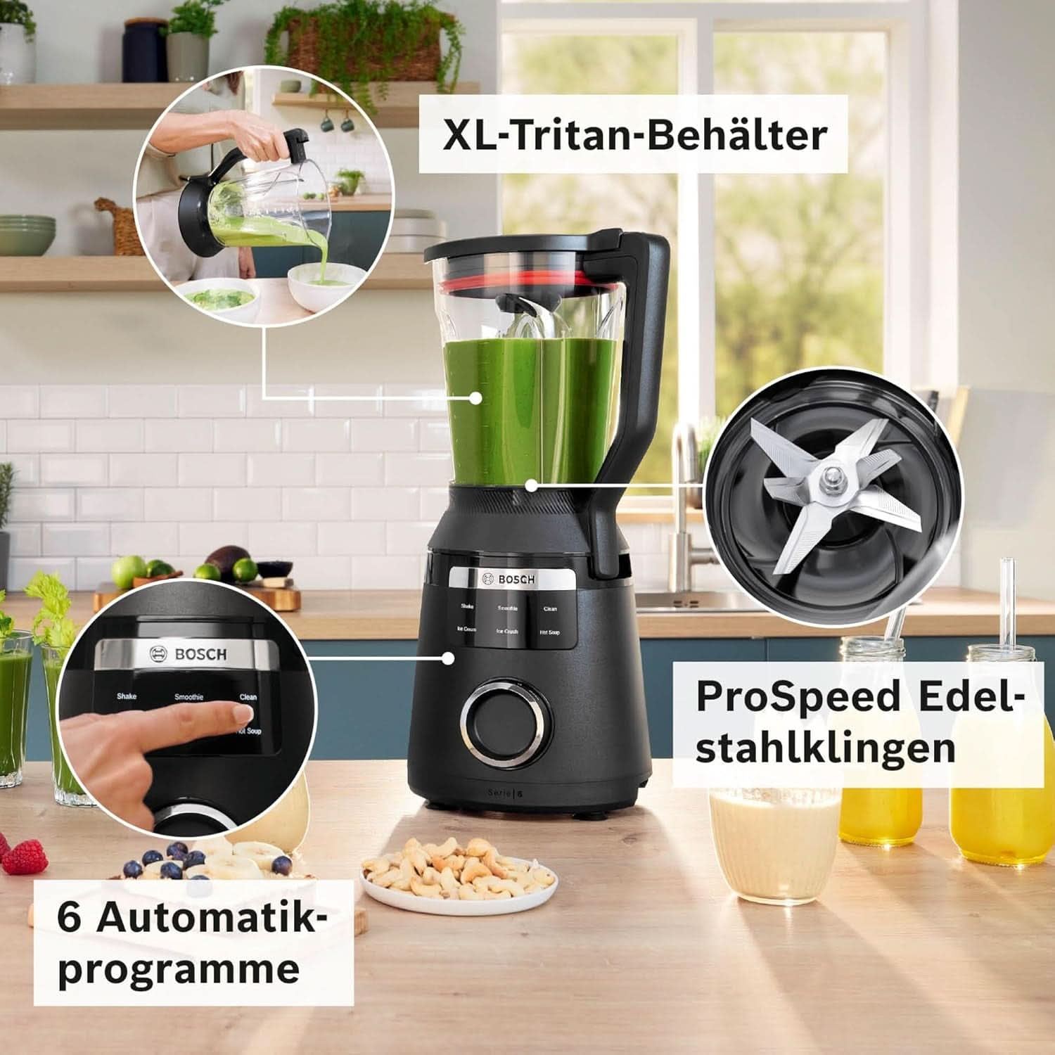 Batidora de pie Vitapower Serie 6 MMBD665B1, 45.000 U/Min, 6 programas Inkl Heiße Suppe & Reinigung, 2 L Mixbehälter, Stopfer, Spülmaschinenfeste Teile, Made in Europe, 1800W, Schwarz Kitchen Naty Shop