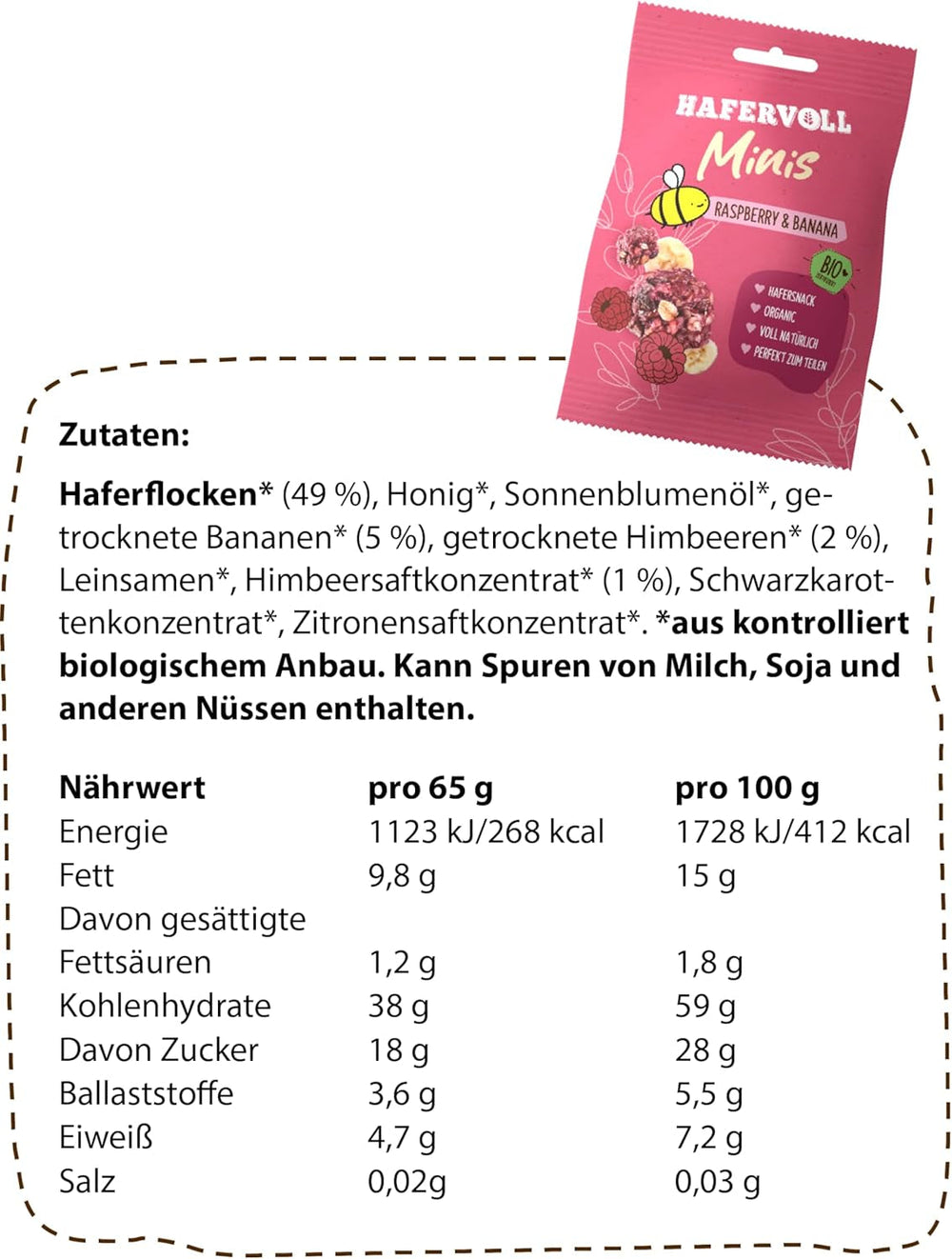 HAFERVOLL Minis Rapiță și Banană 8x 65g - Certificat organic, cu miere, fără zahăr adăugat, perfect pentru a fi împărțit