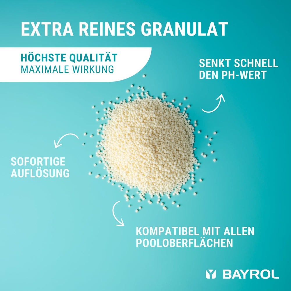 BAYROL e-pH-Minus granulado 6 kg - reduce rápida y eficazmente los niveles excesivamente altos de pH en piscinas - fácil dosificación directamente en el agua - incluye vaso dosificador - reductor de pH - ajuste de pH para piscinas