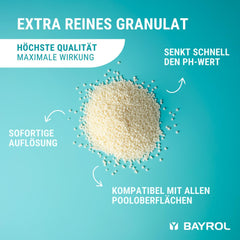 BAYROL e-pH-Minus granulado 6 kg - reduce rápida y eficazmente los niveles excesivamente altos de pH en piscinas - fácil dosificación directamente en el agua - incluye vaso dosificador - reductor de pH - ajuste de pH para piscinas