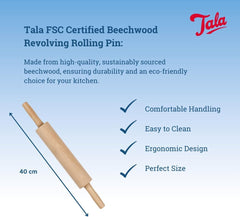 Tala Teigroller aus Buchenholz – Drehbares Nudelholz mit Griffen, glatte Oberfläche, durable & leicht zu reinigen – Perfekt für Teig, Gebäck, Brot & Pizza – FSC-zertifiziertes Holz