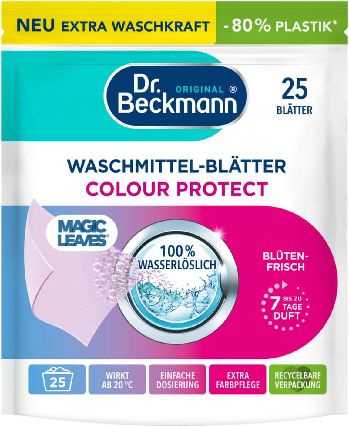Hojas de detergente Dr Beckmann COLOR HOJAS MÁGICAS | Toallitas de lavado predosificadas y solubles en agua | Ahorro de espacio y fácil de usar | 25 hojas Naty Shop Detergentes para Ropa 25 piezas Color