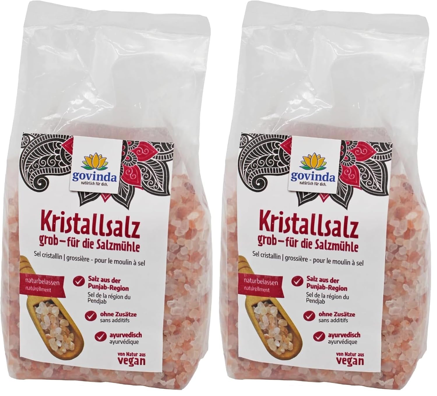 Govinda Kristallsalz - grueso (1kg) | 250 millones de años alt | Salz en la región de Punjab | Belleza 100% natural & ohne Zusätze | Ayurvédico | Vegano | Ideal para el molino de sal.