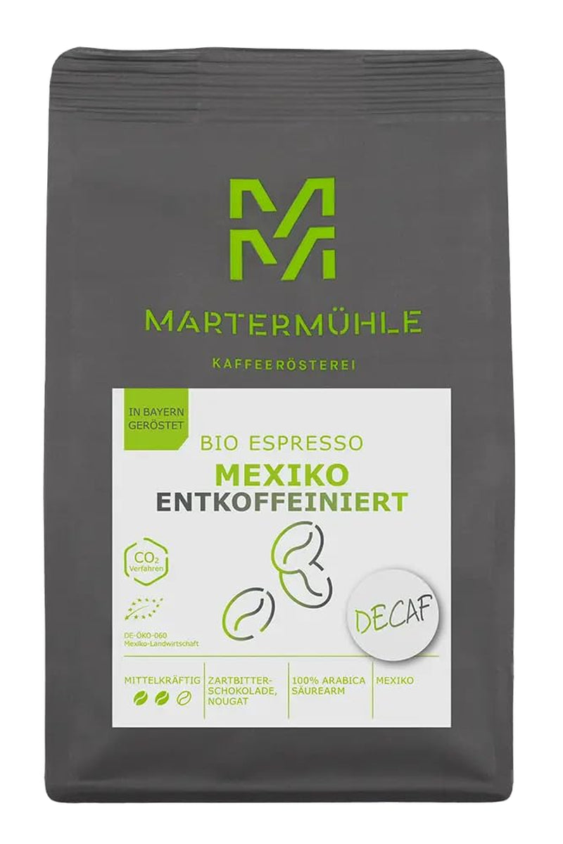 Martermühle Mexiko Bio Espressobohnen entkoffeiniert 1kg mittelkräftig I Arabica I Aromen: Nougat, Zartbitterschokolade I Ganze Bio Espresso-Bohnen schonend geröstet, säurearm